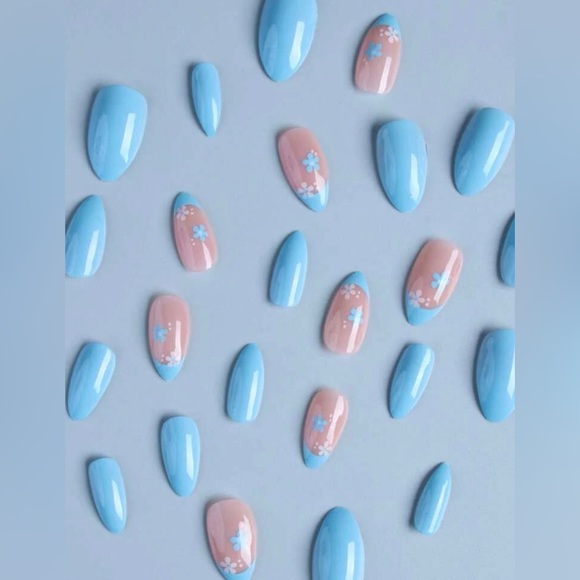 24pcs Long Almond Blue French Floral Print Press On Nail Set❤️ - Picture 2 of 5